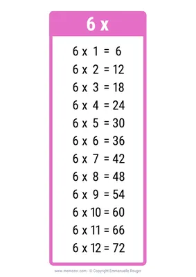 Pretty 6 Times table Chart - Print for free (many colors) | Memozor