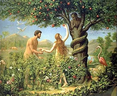 Fall; History of Adam and Eva. Adam and Eva, standing next to the tree of  good and evil. Eva with a fruit in her hand, the other arm around Adam.  Adam gets