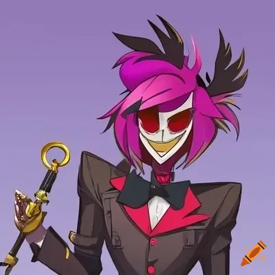 Illustration of alastor with vibrant purple hair and metal horns on Craiyon