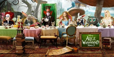 Обои на рабочий стол Алиса в стране чудес (Alice in Wonderland) Безумное  чаепитие, тут все-Красная королева, Соня, Белый Кролик, Мартовский Заяц,  Болванщик, Алиса, Чеширский Кот, Белая Королева, обои для рабочего стола,  скачать
