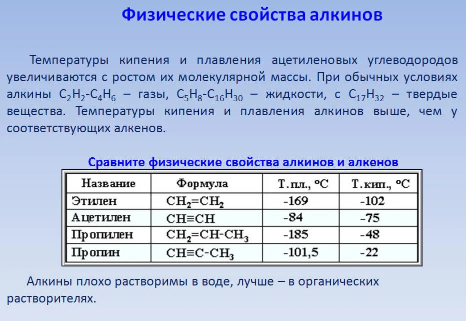 Физические свойства алкинов. Физико-химические свойства алкинов. Алкины температура кипения. Температура кипения алкинов.