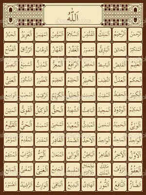 Простой векторный набор завершает 99 имен бога ислама аллаха или асмаул  хусна на арабском латинском и английском языках на белом фоне | Премиум  векторы