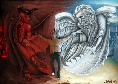 Фото Девушка - ангел и парень - демон в небе, воздушная и огненная стихия,  by shiny-shadows-Art
