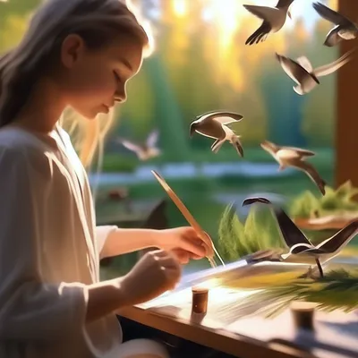 Девушка рисует природу и сразу из …» — создано в Шедевруме