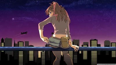 Anime background rooftop with sunset view in the city 16:9