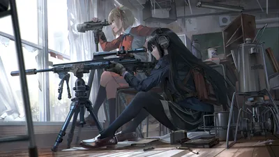 Скачать обои девушка, оружие, юбка, арт, галстук, форма, винтовка, раздел  аниме в разрешении 4092x2893