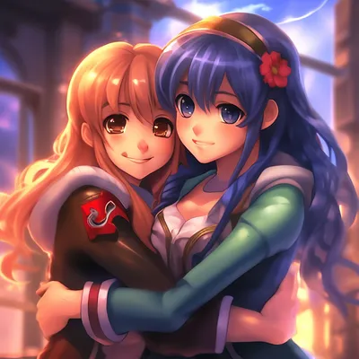 Две подруги аниме обнимаются» — создано в Шедевруме