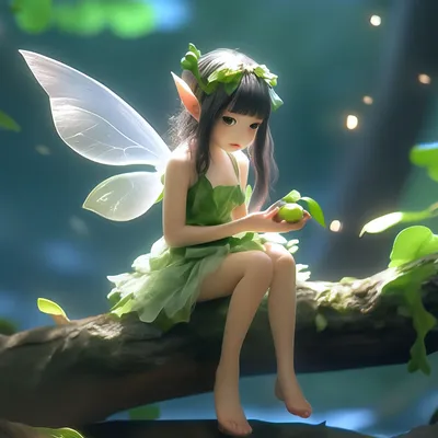 Милая аниме фея в зелёных цветах» — создано в Шедевруме