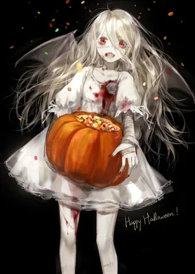 Anime girls with halloween-themed decorations