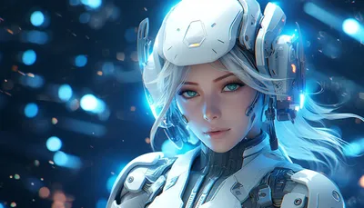 anime android robot girl in space with blue eyes in... | OpenArt