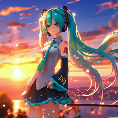 Miku аниме на фоне заката,очень …» — создано в Шедевруме