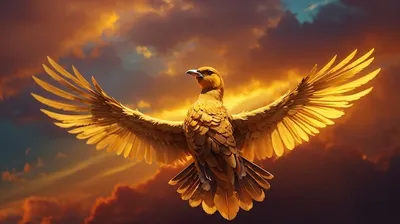 Величественная золотокрылая птица, парящая в разноцветном небе, ее перья  излучают блестящий свет. | Премиум Фото