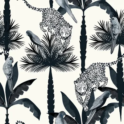 Черно-белые полосатые обои с модными леопардами и пальмами — MA'AT LUXE HOME™