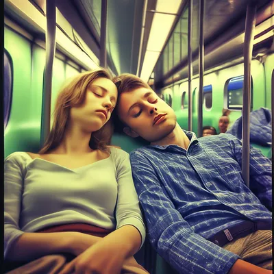 Девушка и парень заснули в метро, …» — создано в Шедевруме