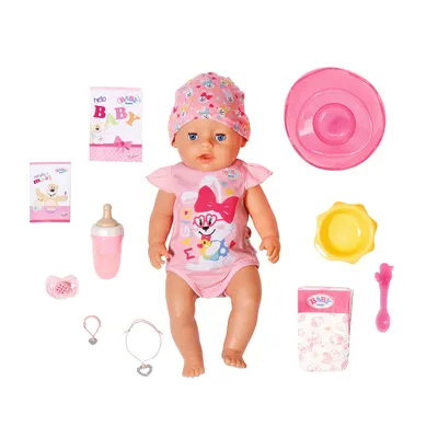 Купить Интерактивная кукла Беби бон в розовом платье и с голубым халатом  (Baby Born 39 cм) недорого в интернет-магазине 