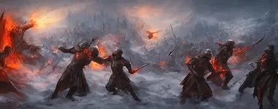 Фантастическая средневековая битва воинов добра и зла поле битвы в огне,  смертельная битва льда и пламени 3d иллюстрация | Премиум Фото