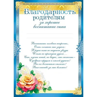 Благодарность родителям за хорошее воспитание сына 398912 Горчаков - купить  оптом от 9,03 рублей | Урал Тойз