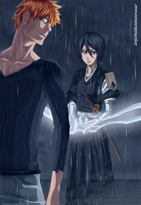 Обои на рабочий стол Ichigo Kurosaki / Ичиго Куросаки и Rukia Kuchiki /  Рукия Кучики из аниме Bleach / Блич, на фоне ночного неба, обои для  рабочего стола, скачать обои, обои бесплатно