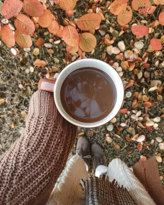 Фото Чашка кофе в руке девушки на фоне осенних листьев, by annasofiaparkby