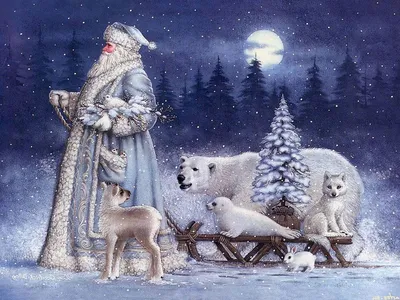 Веселый Дед Мороз и олень в зимнем лесу - изображение в векторе / векторный  клипарт