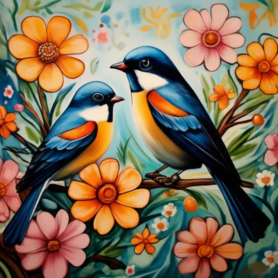 Цветы и птицы детский рисунок» — создано в Шедевруме