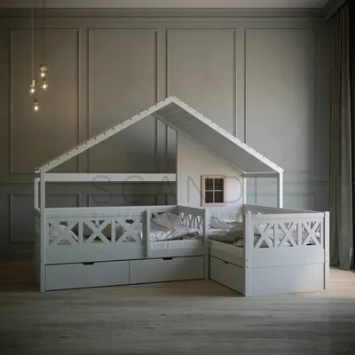 Детская кровать-домик из массива сосны Лотос 7 с ящиками в Санкт-Петербурге