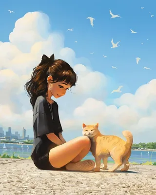 девушка #кот #листья | Anime art girl, Anime images, Whimsical art