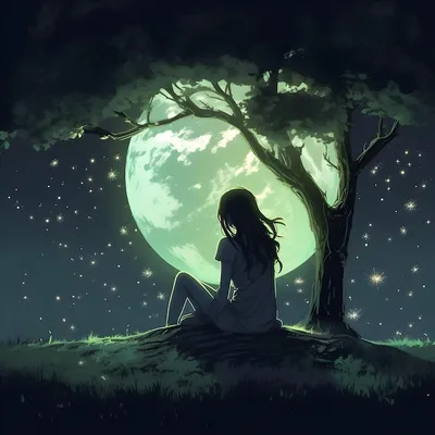Девушка сидит на дереве на фоне луны. | Премиум Фото