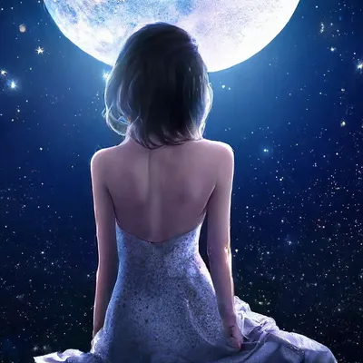 Фото Девушка сидит на скамейке на фоне полной луны над водой