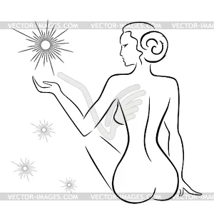 Сексуальная женщина сидит спиной со звездами - рисунок в векторе