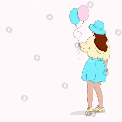 Девушка стоит спиной с воздушными шариками в руках. Плоская иллюстрация. -  Ozero - российский фотосток