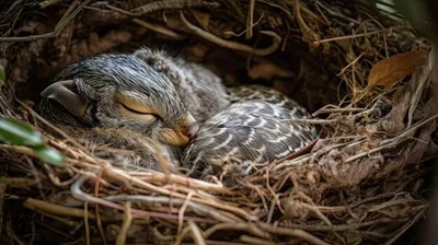 Детёныш совы спит в гнезде с несколькими веточками. | Премиум Фото