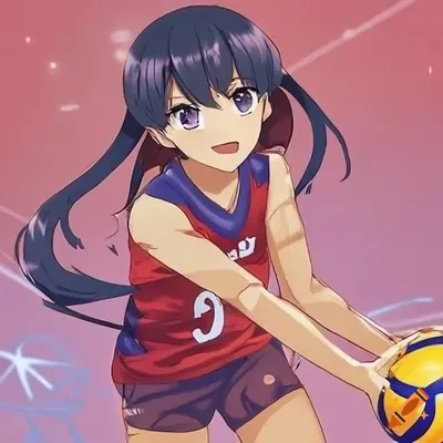 Девочка в аниме стиле волейболистка с красными длинными волосами стоит  перед волейбольным мячом на волейбольном поле