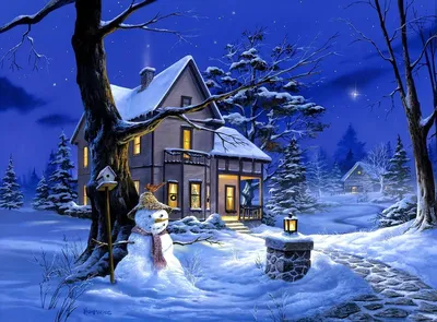 Обои на рабочий стол Рисунок, на котром изображен уютный домик с теплым  светом внутри, во дворике стоит снеговик, обои для рабочего стола, скачать  обои, обои бесплатно