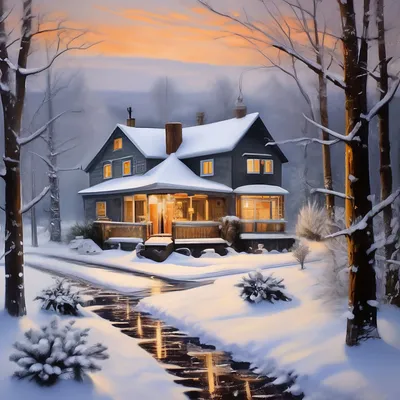 Дом в снегу деревья в снегу» — создано в Шедевруме