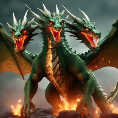 Зеленый трехглавый дракон извергающий …» — создано в Шедевруме