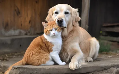 Домашние животные кошка и собака обнимаются вместе дружба животных на  открытом воздухе в семье генеративный ии | Премиум Фото