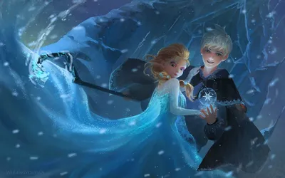 Обои на рабочий стол Ледяной Джек / Jack frost из мультфильма Хранители  снов / Rise of the Guardians и Эльза / Elsa из мультфильма Холодное сердце  / Frozen, автор Tagme, обои для