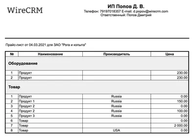 Новый шаблон в коммерческих предложениях Прайс-лист | Новости | WireCRM