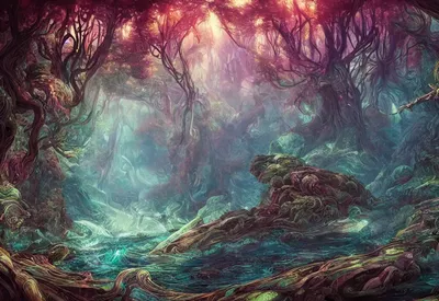 mythical fantasy forest, flowing river, artwork by | Stable Diffusion |  OpenArt