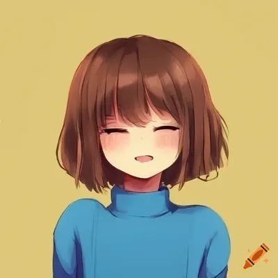 Frisk undertale female wearing blue shirt with yellow stripes and yellow  overall closed eyes brown hair anime style galaxy hd 4k uwu cute kawaii  smiling on Craiyon