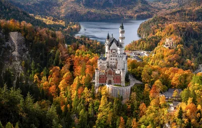 Обои осень, лес, озеро, замок, Германия, Бавария, Germany, Bavaria,  Neuschwanstein Castle, Замок Нойшванштайн, Schwangau, Швангау, Schwansee,  Озеро Шванзее картинки на рабочий стол, раздел пейзажи - скачать