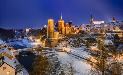 Фото Германия Башня Bautzen Зима замок Вечер город