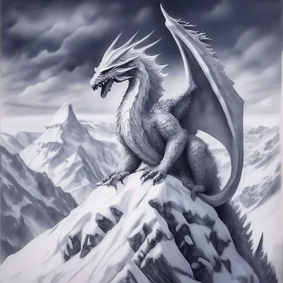 Снежный дракон на вершине горы. …» — создано в Шедевруме
