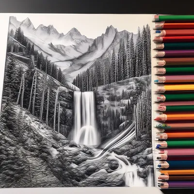 Рисунок карандашом, горы, лес, …» — создано в Шедевруме