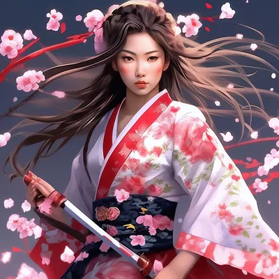 Японская девушка воин сакура кимоно …» — создано в Шедевруме