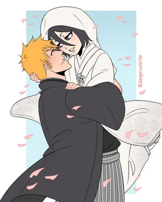 Фото Kuchiki Rukia / Кучики Рукия и Kurosaki Ichigo / Куросаки Ичиго сидят  рядом на траве аниме Bleach / Блич