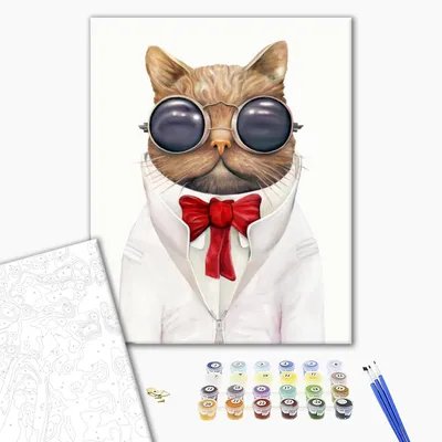 Картина для рисования по номерам Кот в очках размер 20*30 в комплекте  входит краска акриловый и 2шт кисточки оптом: купить дешево в Москве