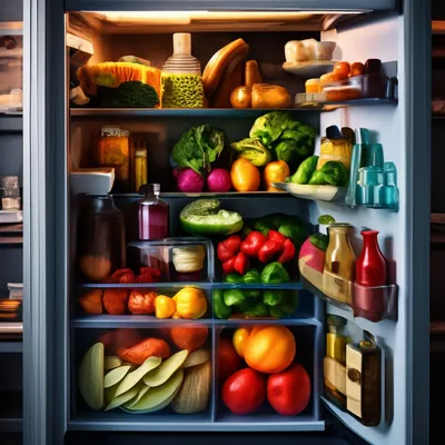Открытый холодильник полный разной …» — создано в Шедевруме