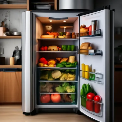 Открытый холодильник с продуктами …» — создано в Шедевруме